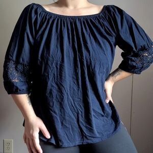Loft Navy Blue Wide Neck Balloon Sleeve Crochet Trim Blouse Size Large